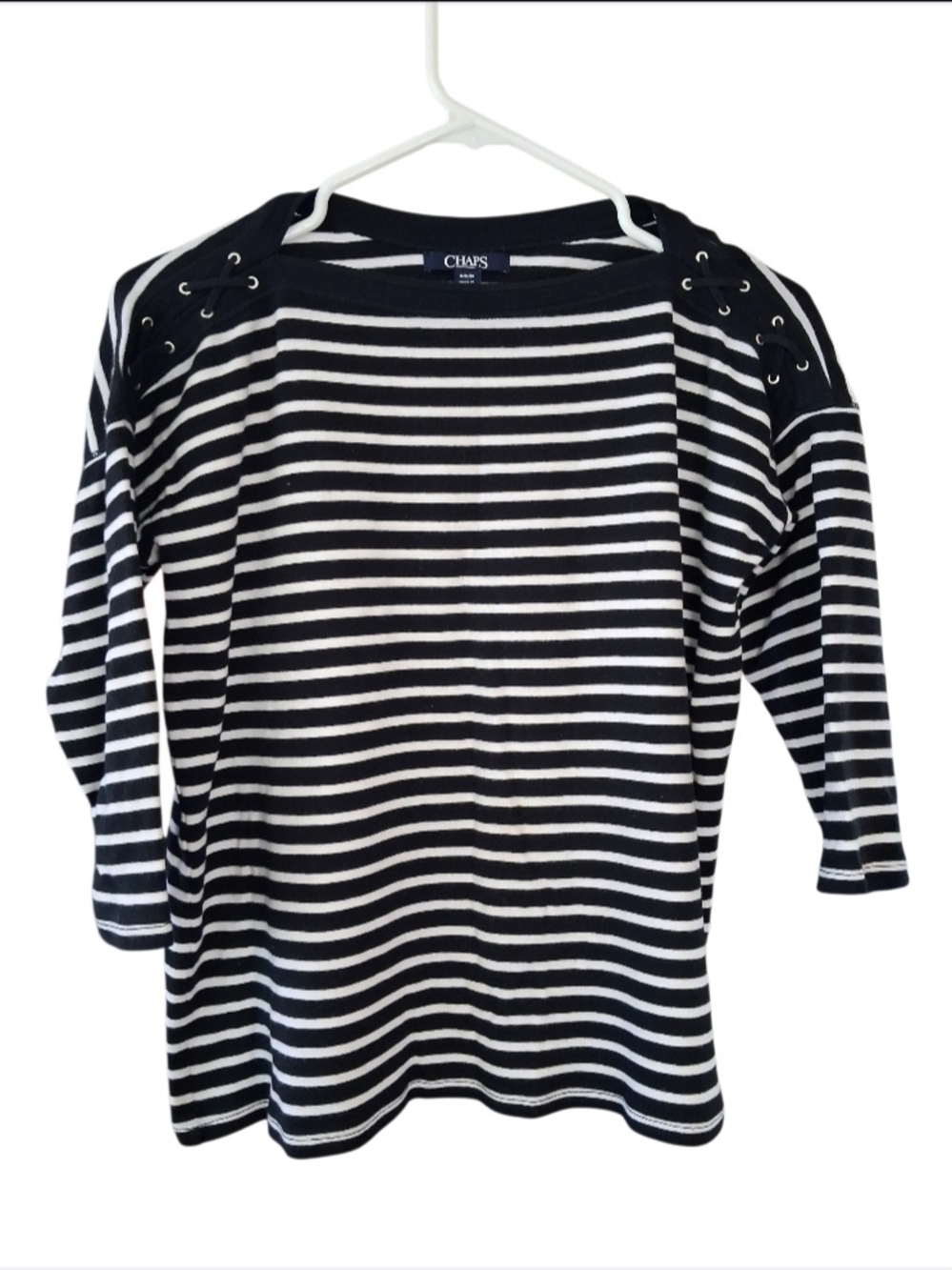 Chaps Black & White Striped Lace-Up Shoulder Top